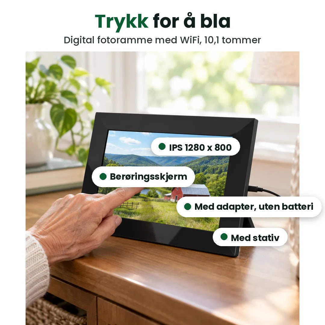 Egenskaper ved den digitale fotorammen: 10,1-tommers berøringsskjerm, IPS 1280 x 800, stativ