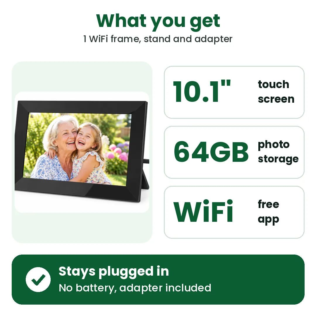 What you get with the digital photo frame: 10.1 inch touch screen, 64GB storage, WiFi and free app