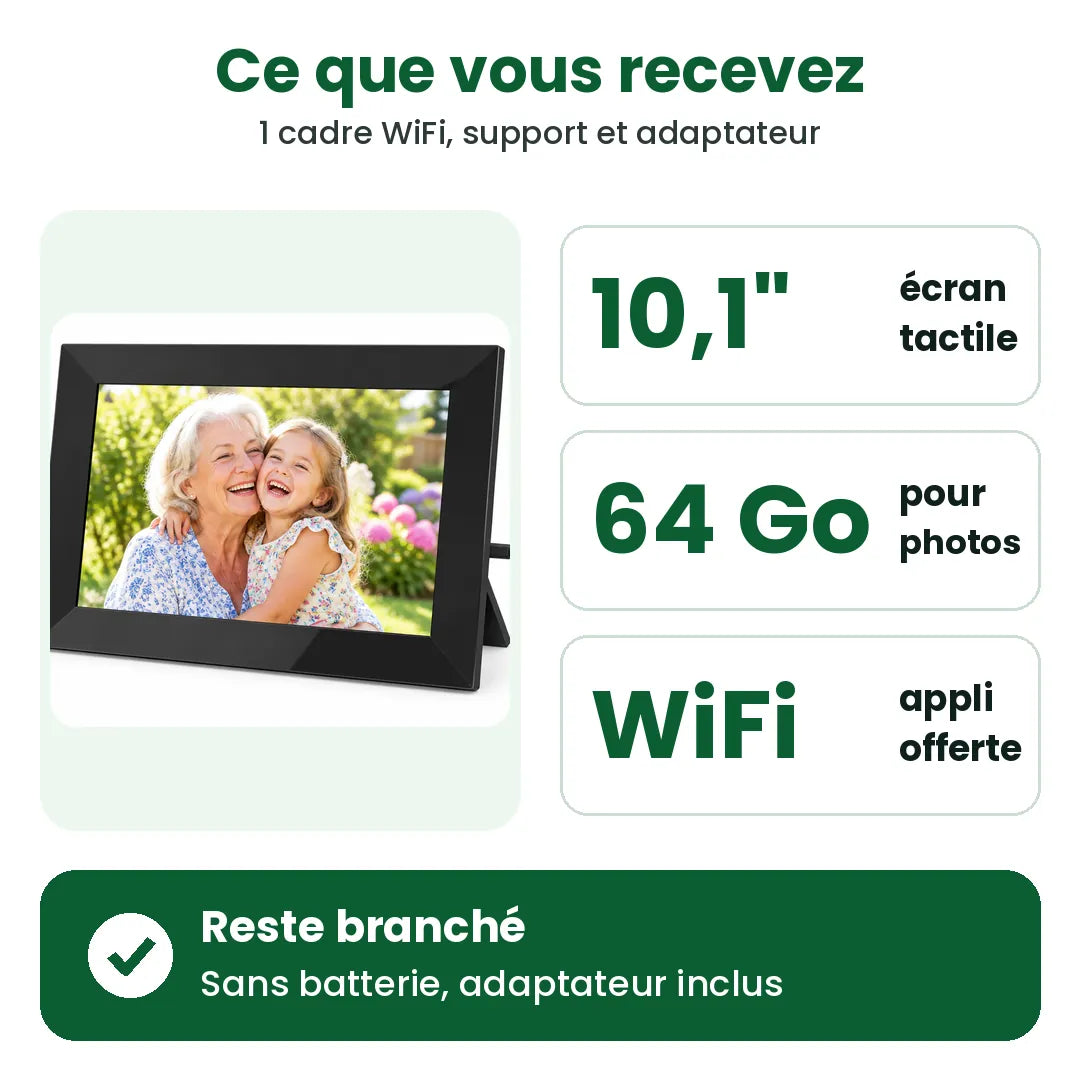 Ce que vous recevez avec le cadre photo numérique : écran tactile 10,1 pouces, 64 Go, WiFi et appli