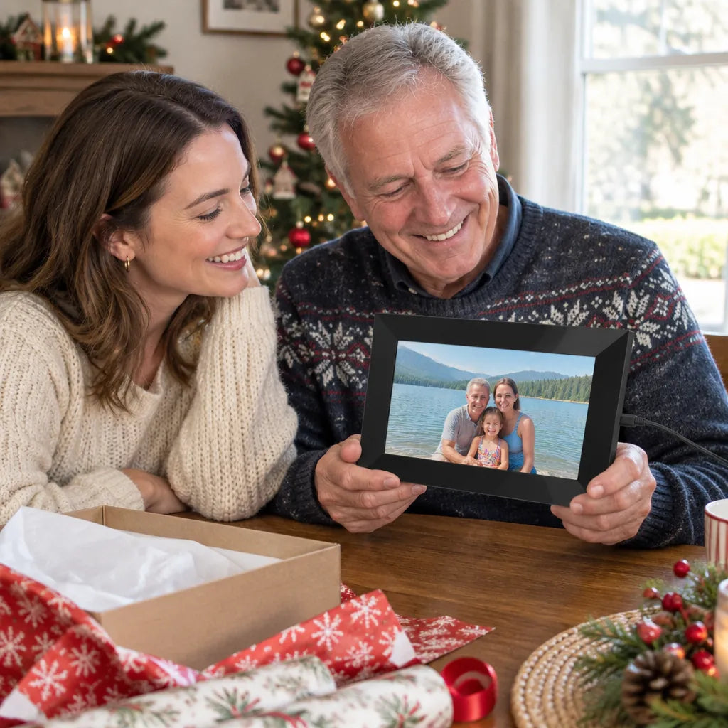 Father unwrapping a digital photo frame as a Christmas gift from his daughter at the dining table