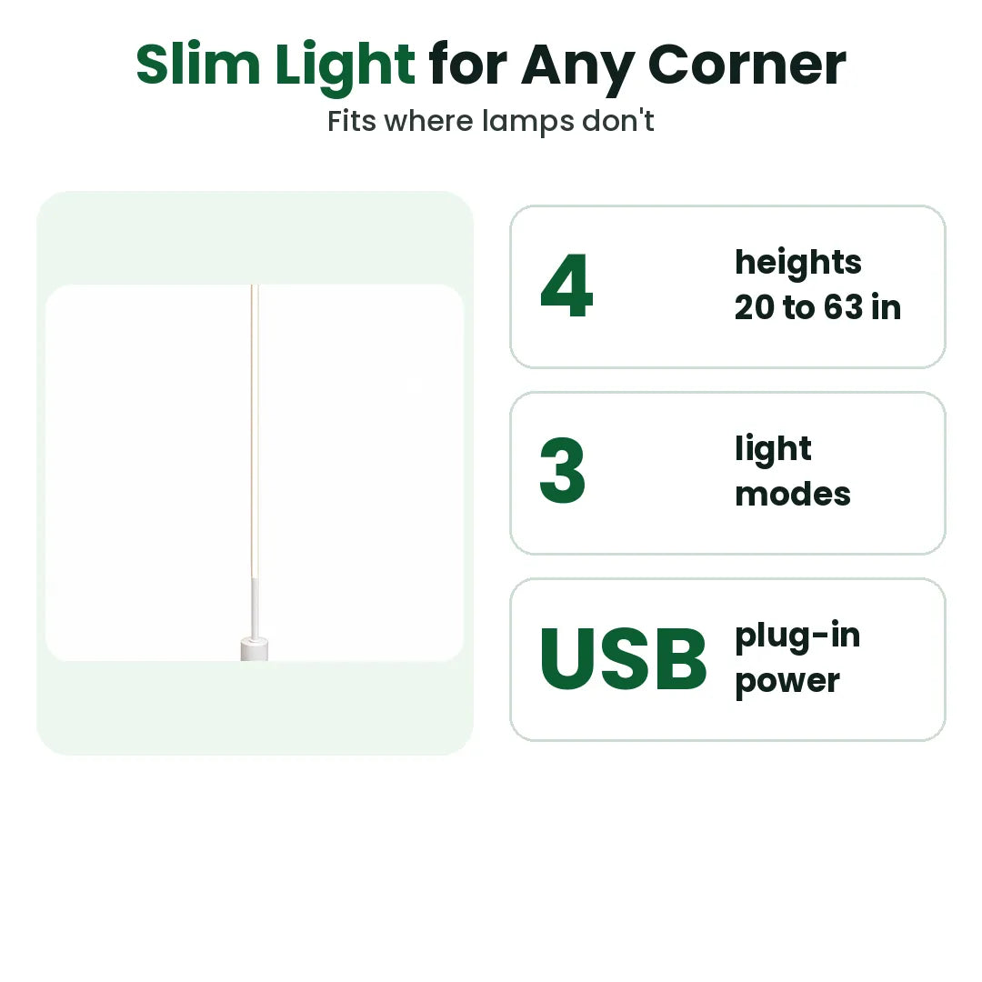 Slim LED floor lamp in four heights with three light modes, USB powered
