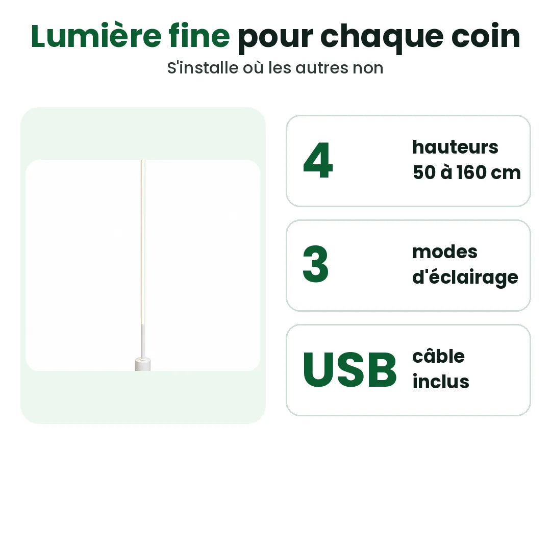 Lampadaire LED mince en quatre hauteurs avec trois modes d'éclairage, USB