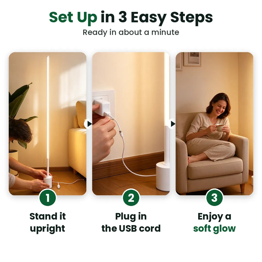 Three steps to set up a slim LED floor lamp: stand it, plug it in, enjoy the glow