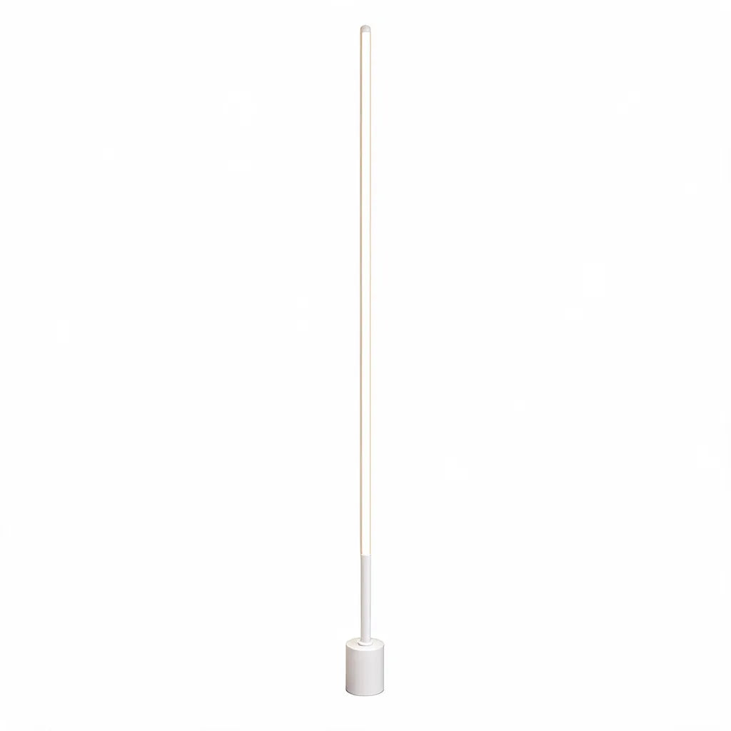 Slim white LED floor lamp with round base on a white background