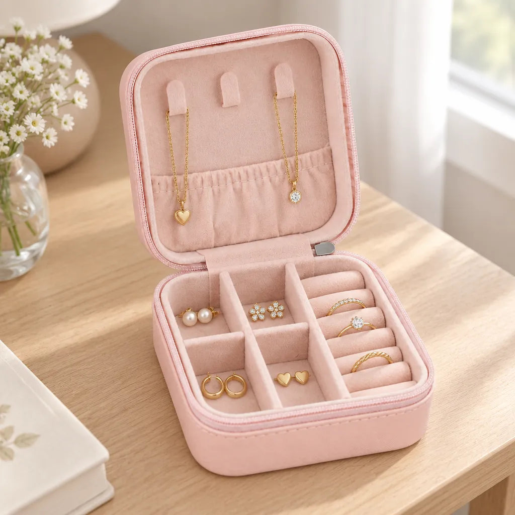 Jewelry case on a nightstand holding gold necklaces, pearl earrings and rings in their slots