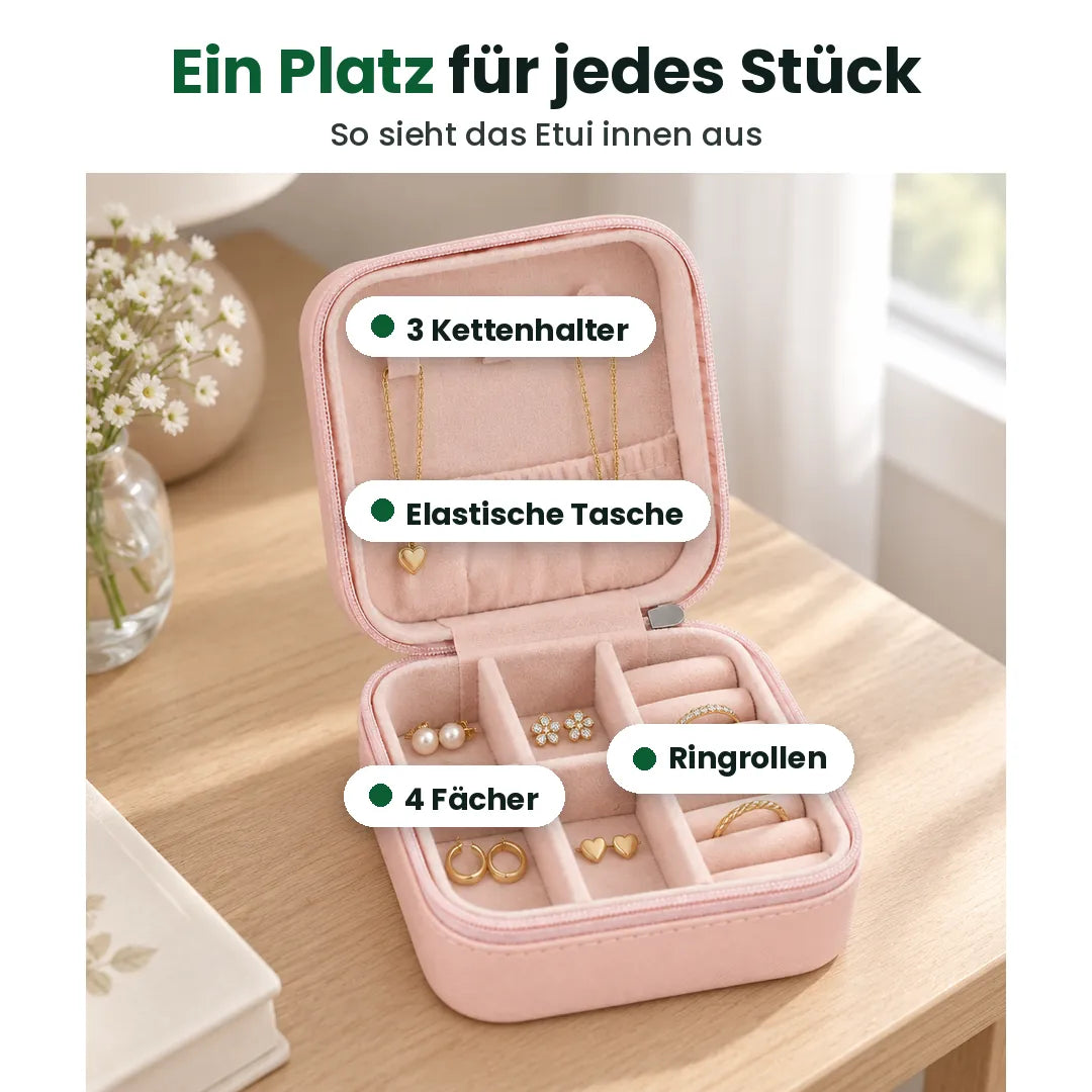 Innen im Reise-Schmuckkästchen: 3 Kettenhalter, elastische Tasche, 4 Fächer und Ringrollen