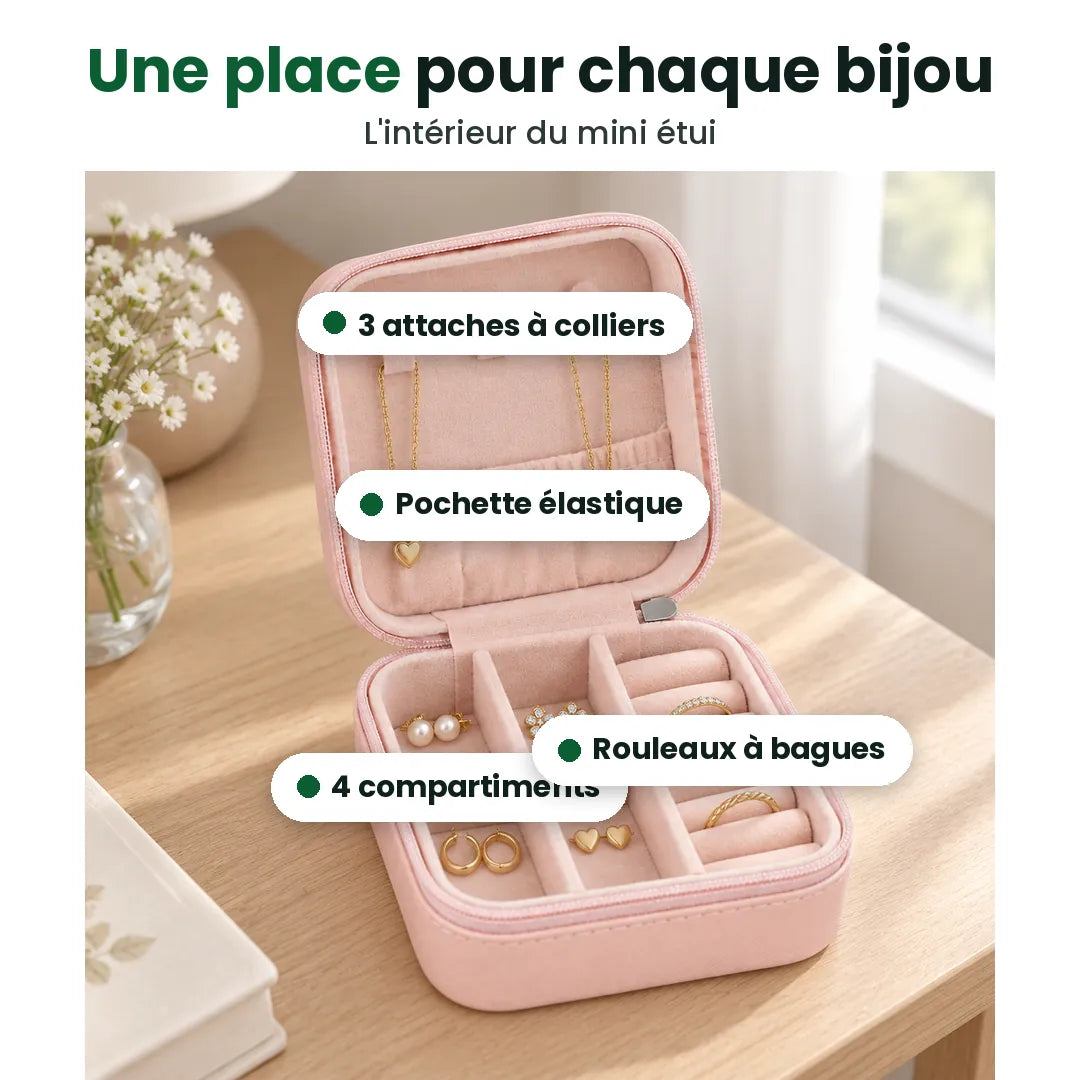 Intérieur de l'étui à bijoux : 3 attaches à colliers, pochette élastique, 4 compartiments et rouleaux à bagues