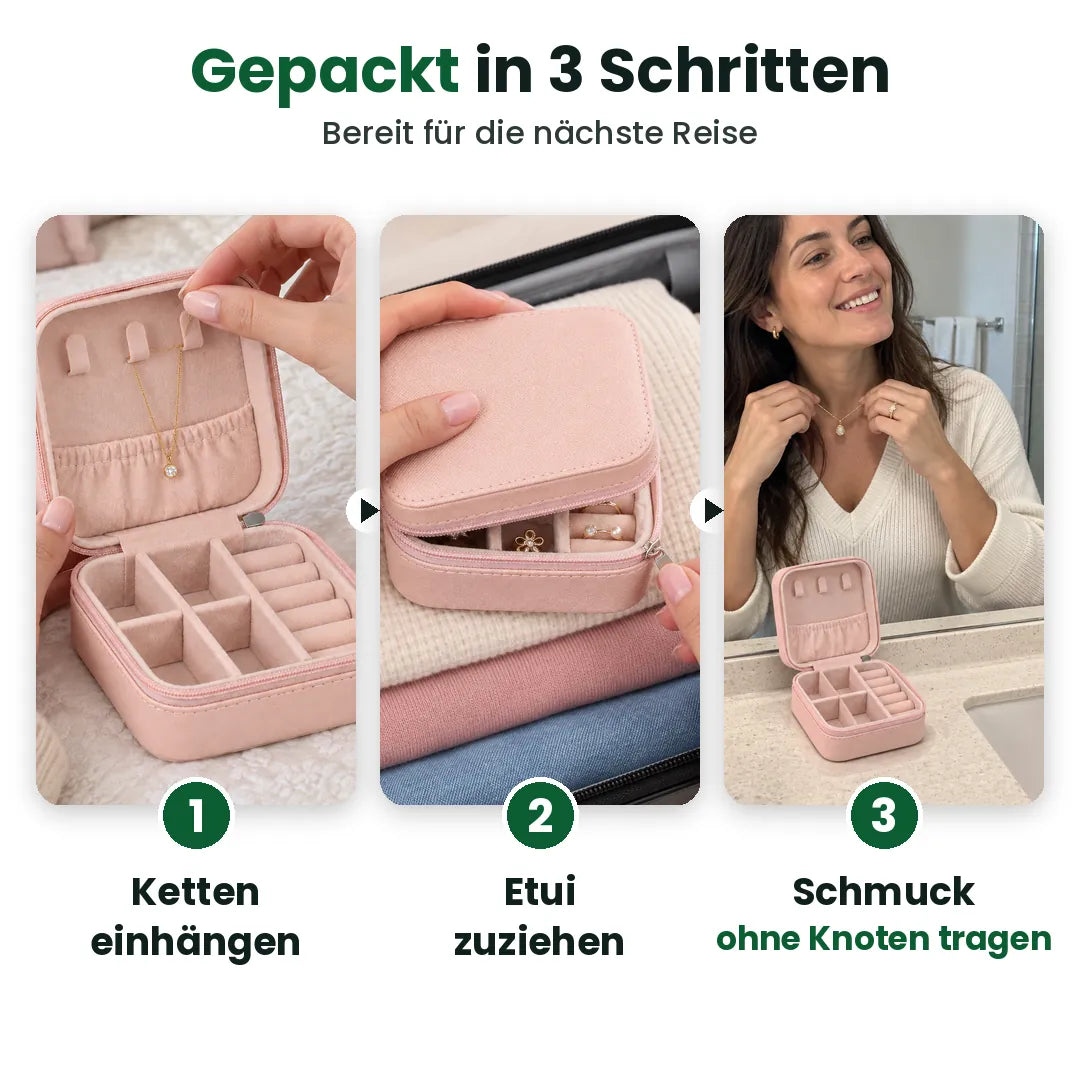 Schmuck für die Reise in 3 Schritten packen: einhängen, zuziehen, tragen