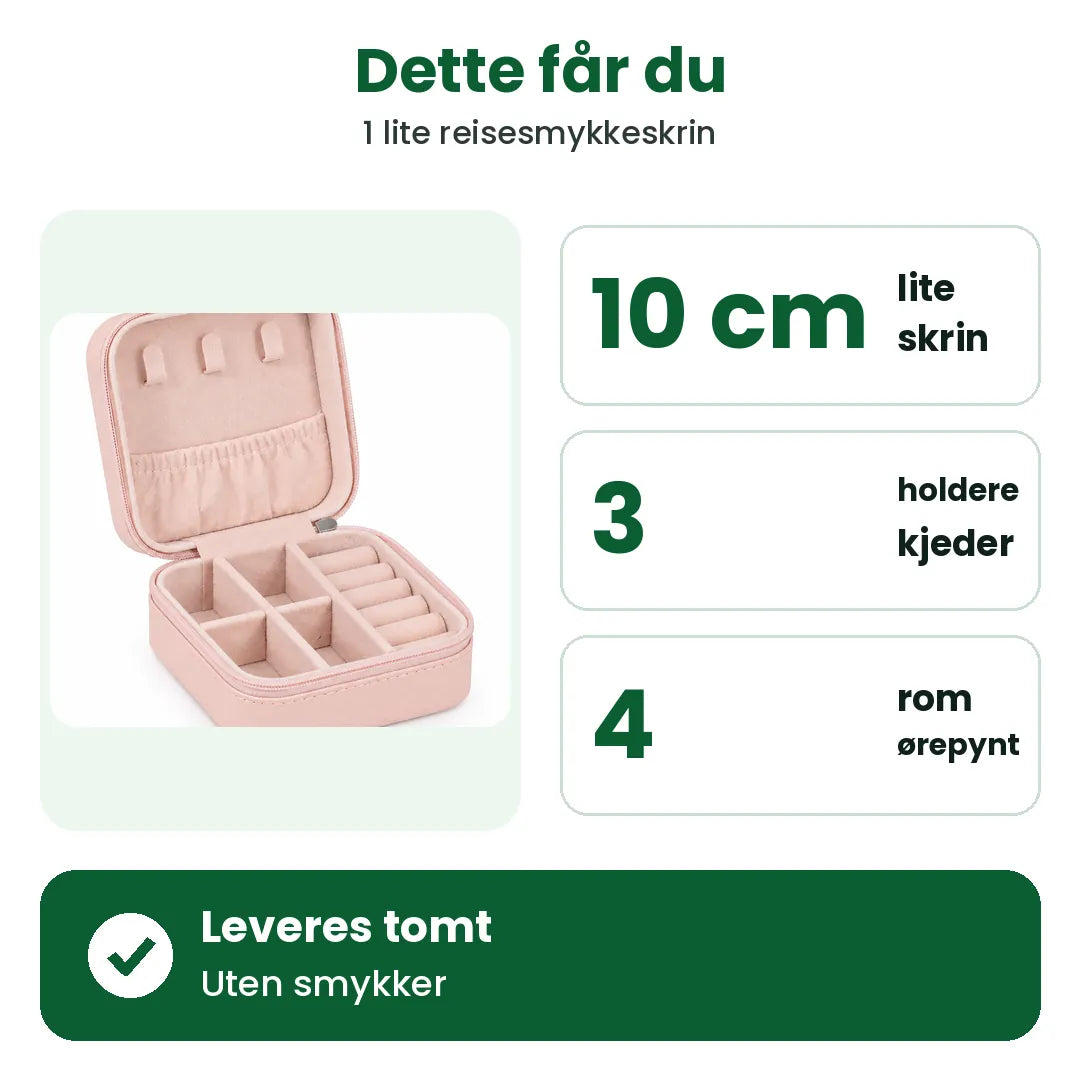 I esken: 1 lite smykkeskrin på 10 cm, uten smykker