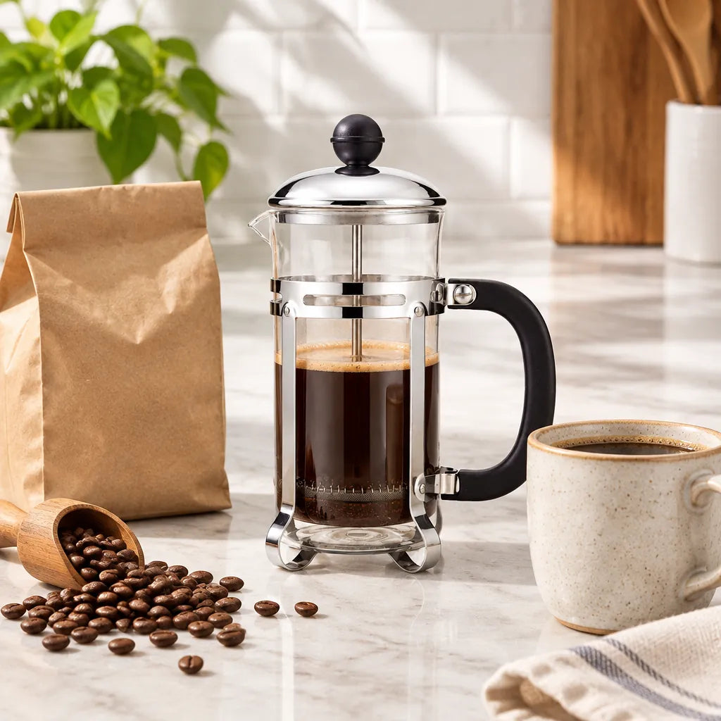 Glass French press with coffee beans, a mug and a bag of coffee on a kitchen counter