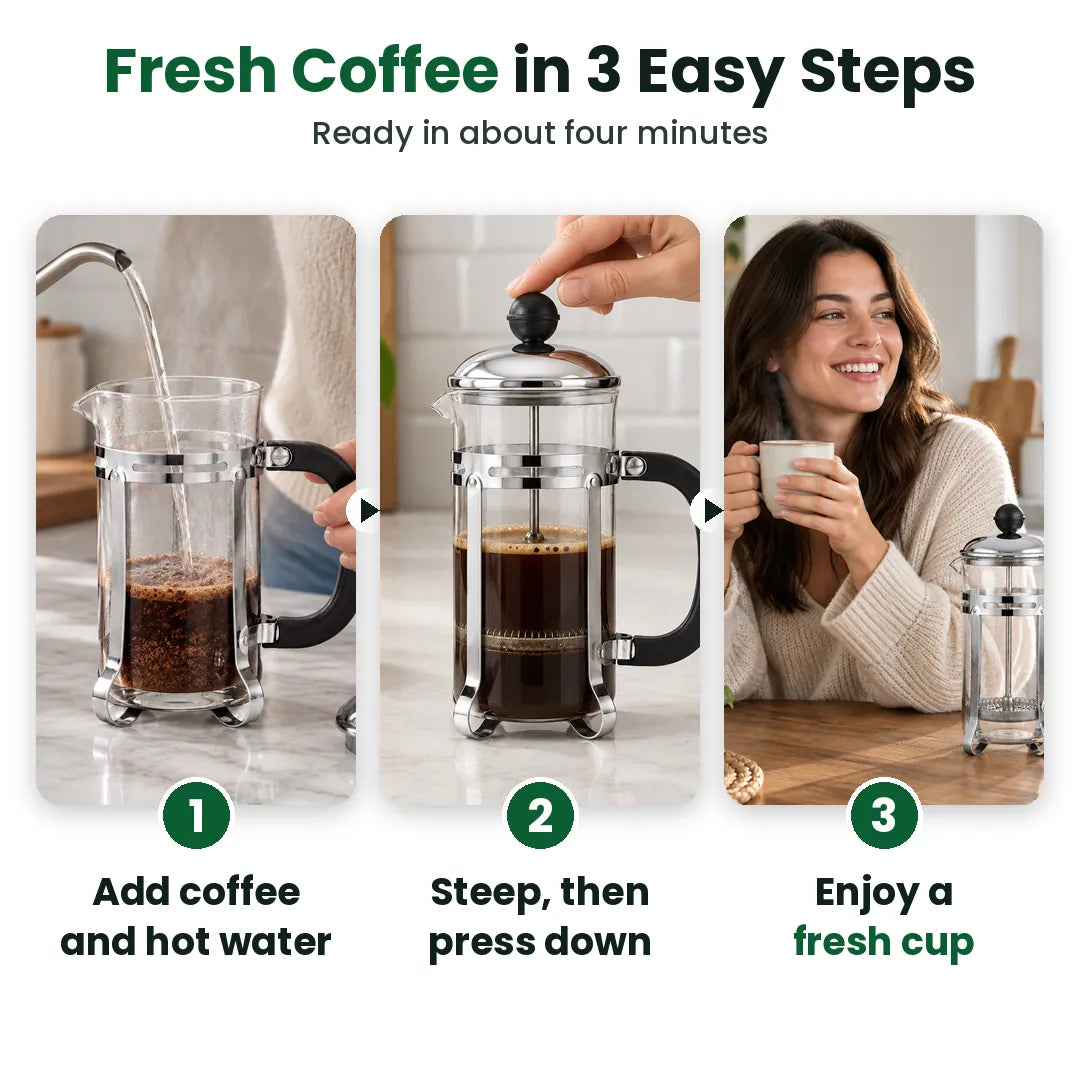 Three steps to brew coffee in a French press: add coffee and water, steep and press, enjoy