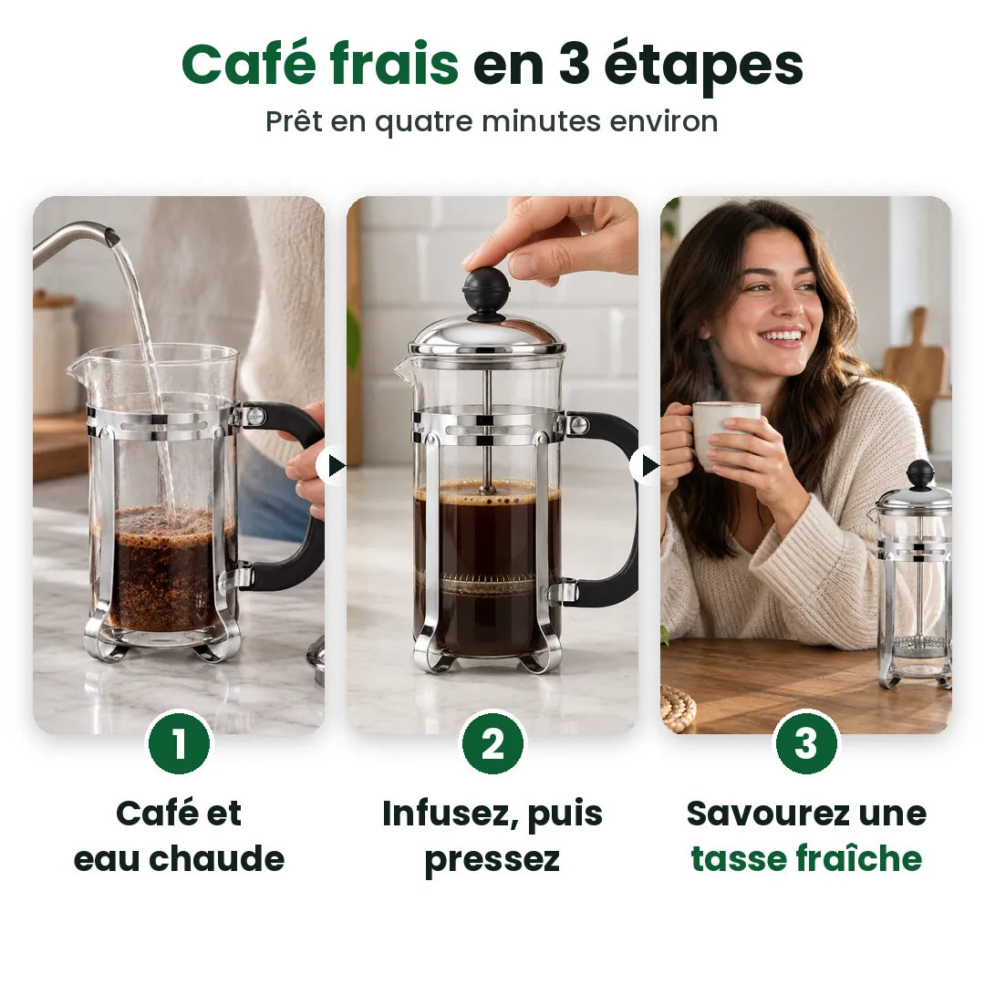 Trois étapes pour préparer du café avec une cafetière à piston : verser, infuser, savourer