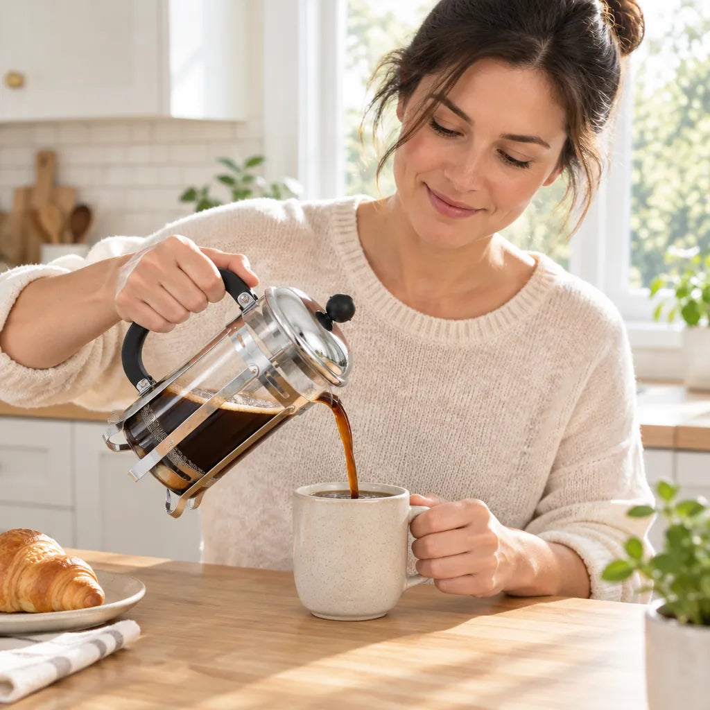 Woman pouring coffee from a glass French press into a mug in a bright home kitchen