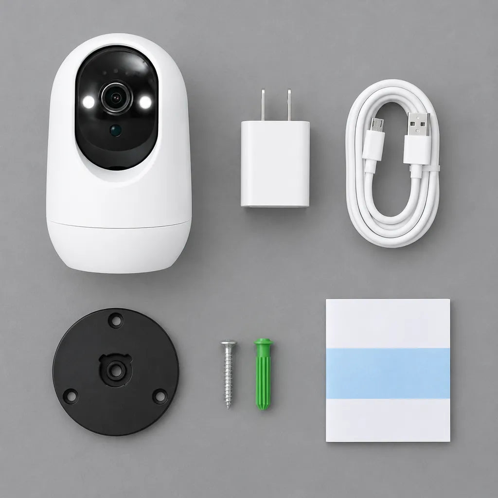 Indoor camera with USB adapter, cable, wall mount, screw, wall plug and quick guide