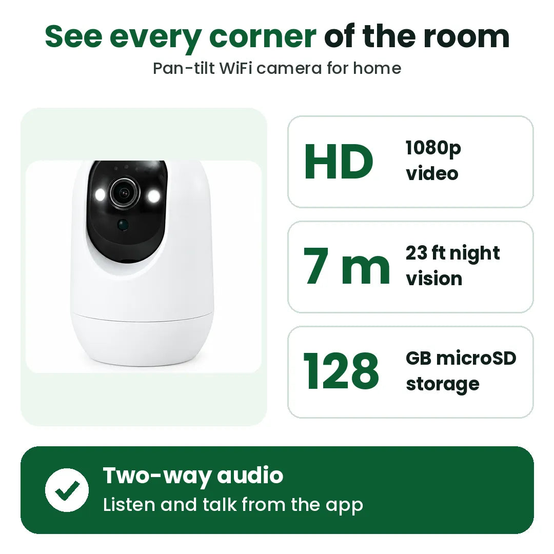 Home security camera with 1080p video, 7 m night vision, 128 GB microSD and two-way audio
