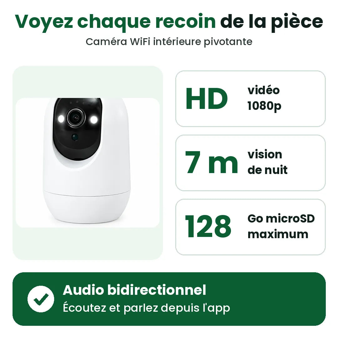 Caméra de surveillance avec vidéo 1080p, vision de nuit 7 m, microSD 128 Go et audio bidirectionnel