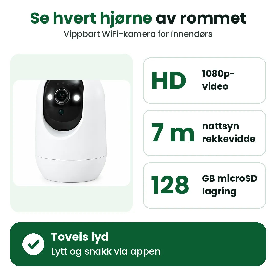 Overvåkningskamera med 1080p-video, 7 m nattsyn, 128 GB microSD og toveis lyd