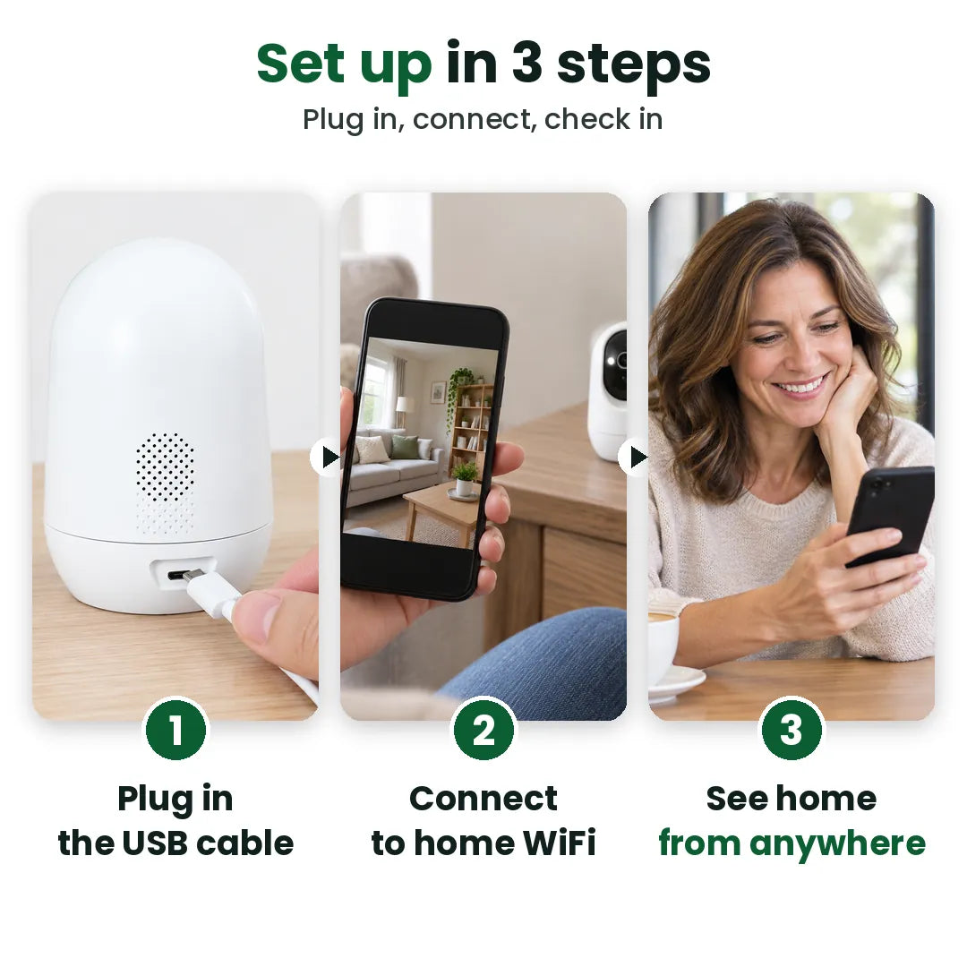 Three steps to set up the WiFi camera: plug in, connect to WiFi, see home from anywhere