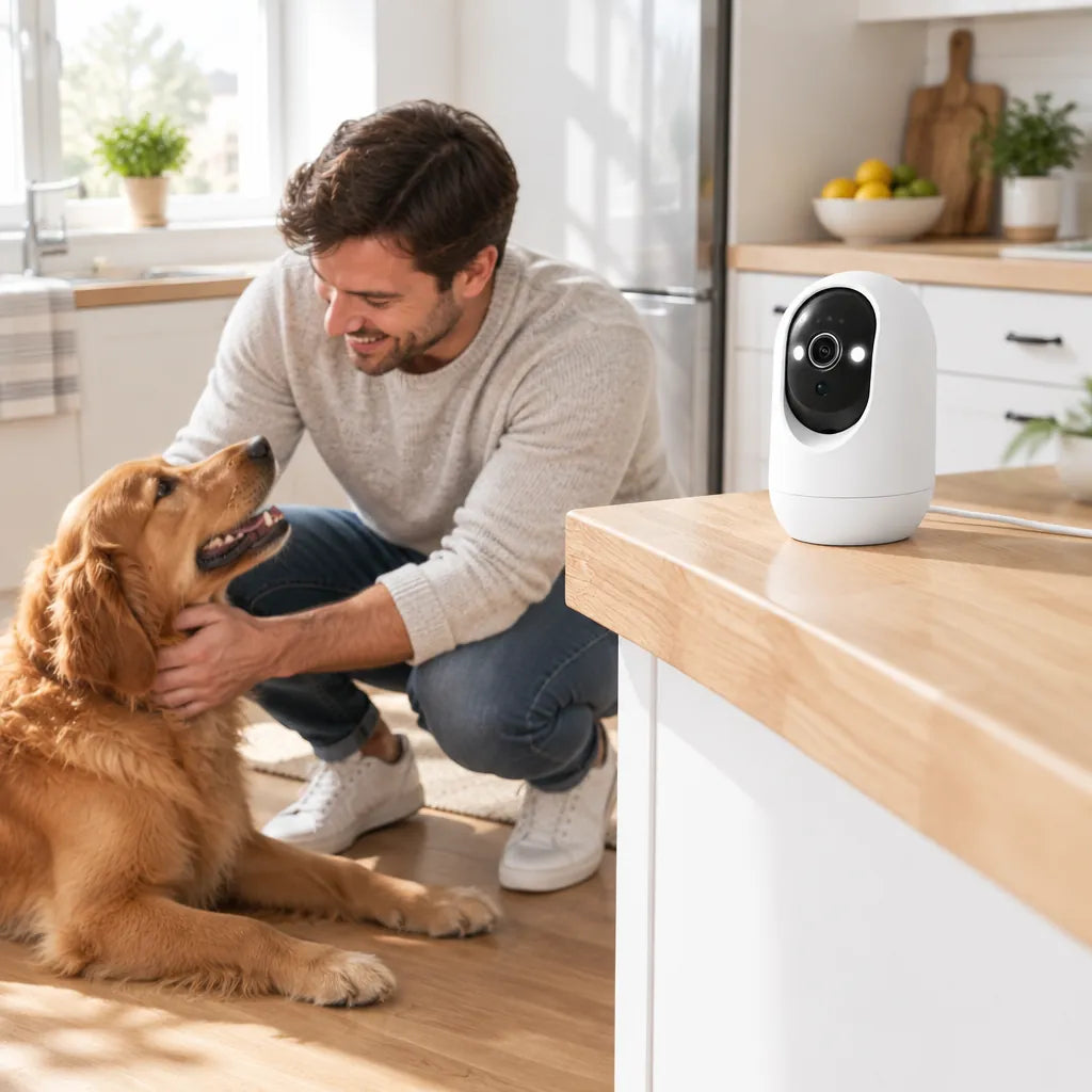 Man petting his golden retriever in the kitchen next to a pet camera on the counter