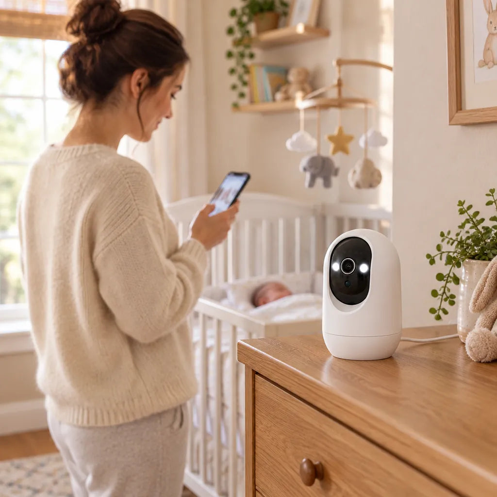 Mother checking her phone in the nursery while a baby monitor camera watches the crib