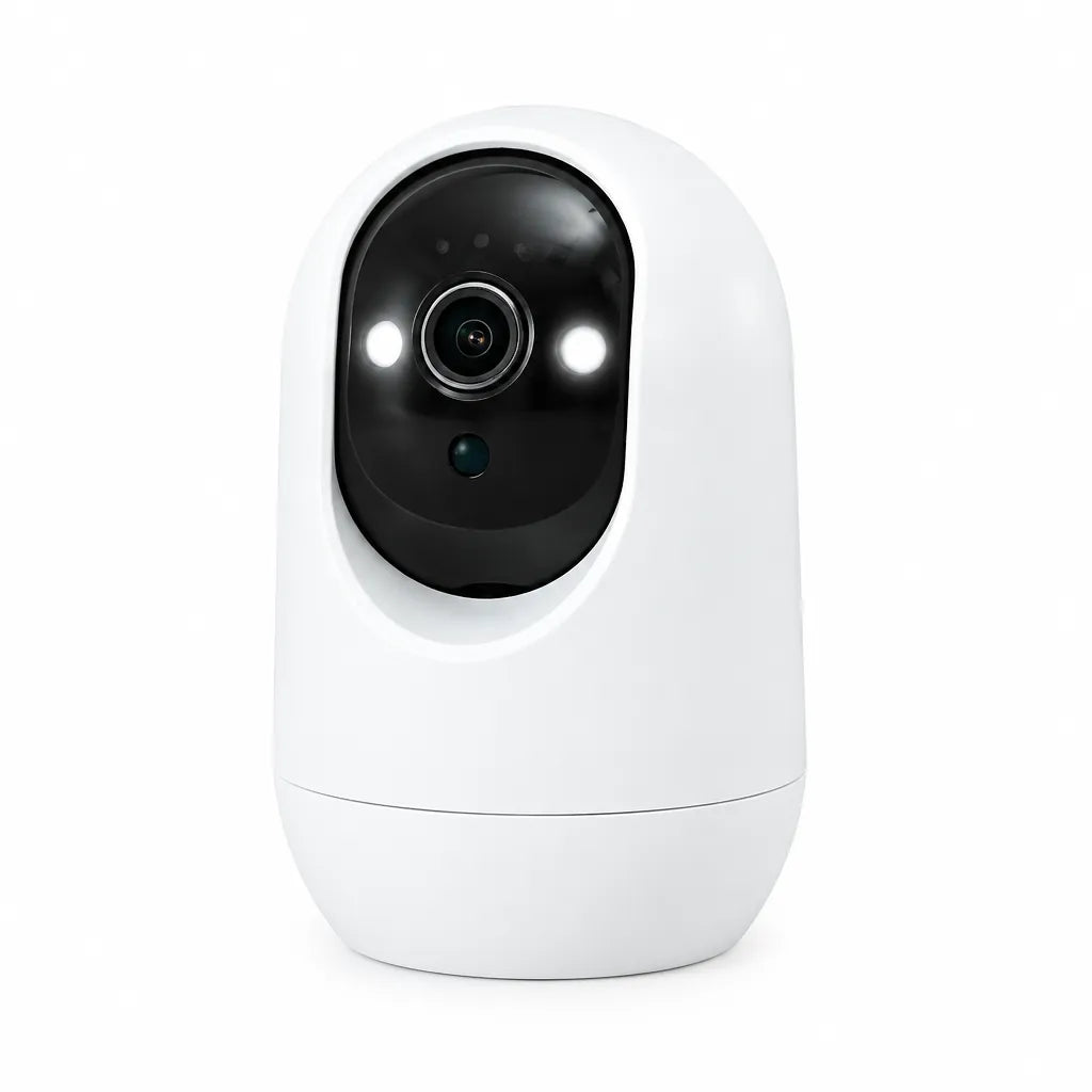 White pan tilt indoor security camera with black front, lens and night vision lights