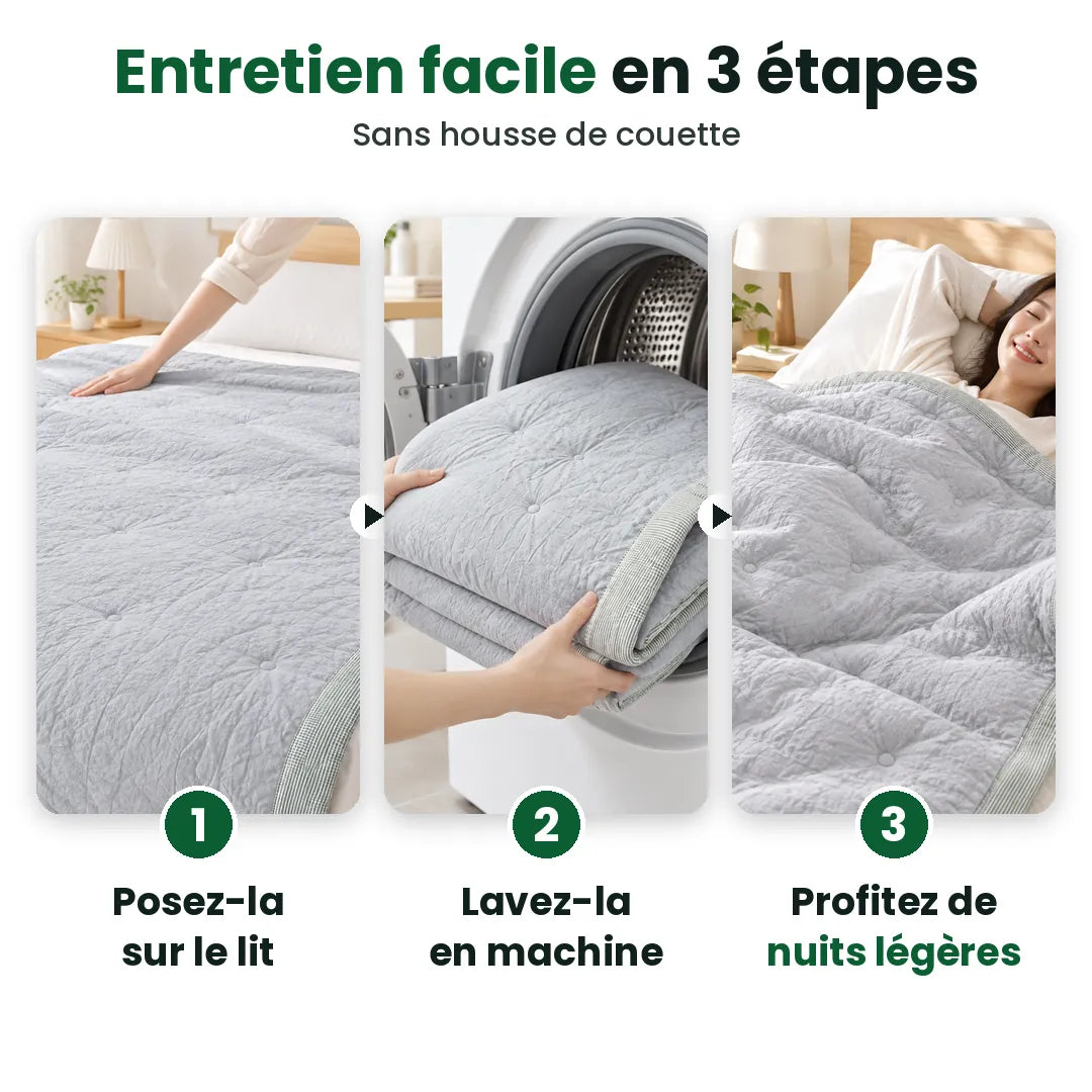Trois étapes : poser la couette, la laver en machine, profiter de nuits légères