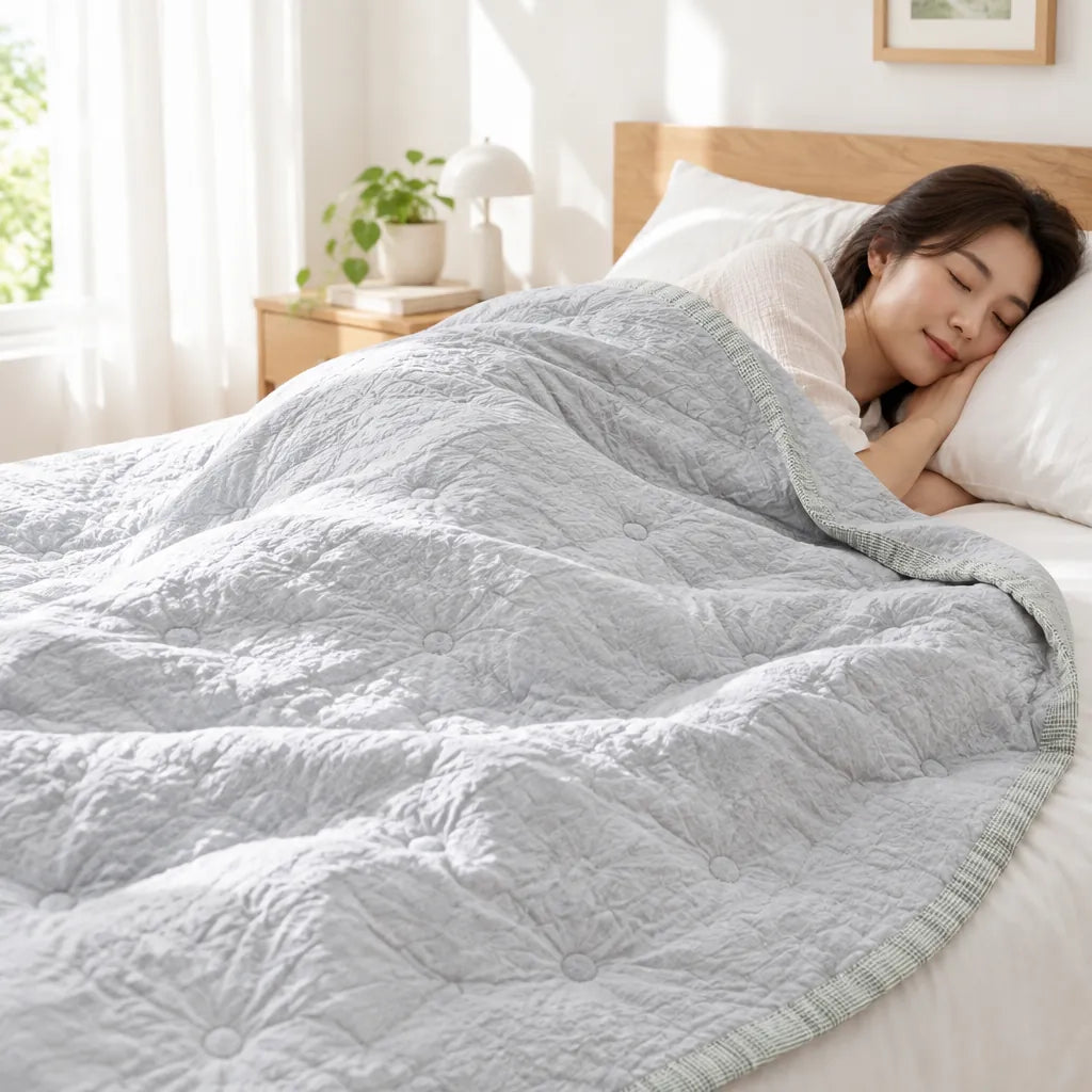 Woman asleep in a bright bedroom under a light grey summer duvet without cover