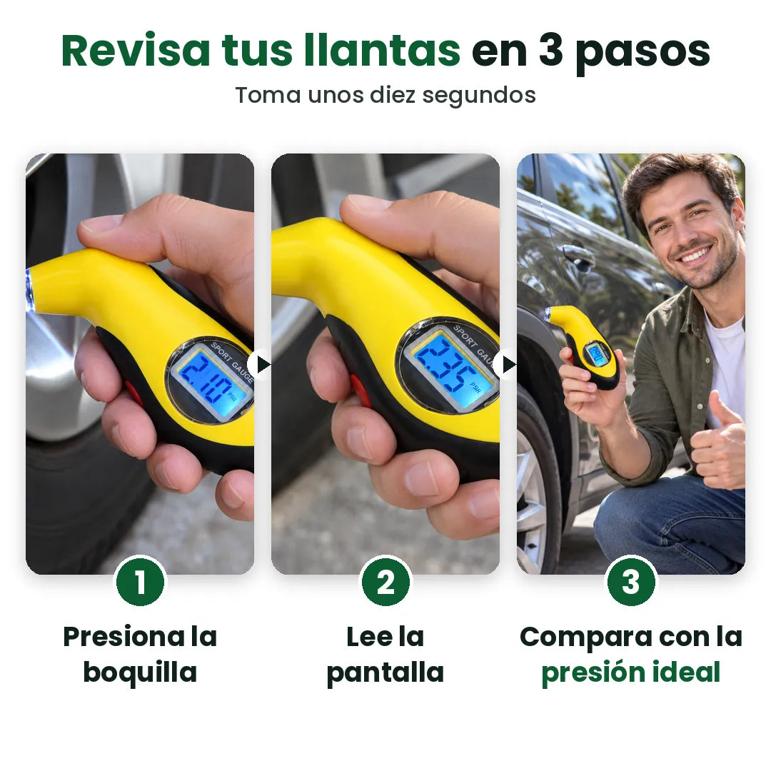 Tres pasos para revisar la presión de las llantas con un medidor digital: presiona, lee y compara