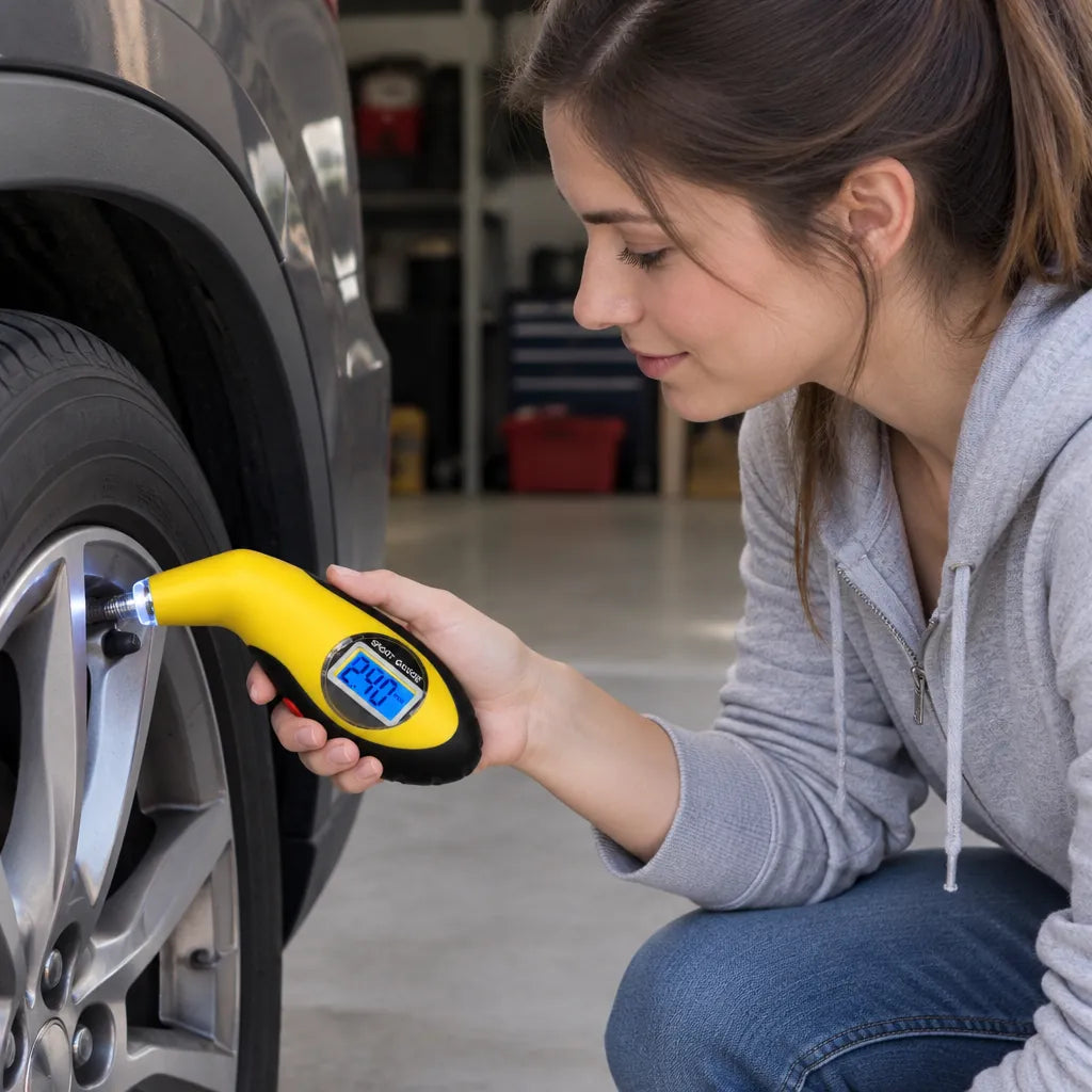 Woman in a garage checking her SUV tire with a handheld digital tire pressure gauge