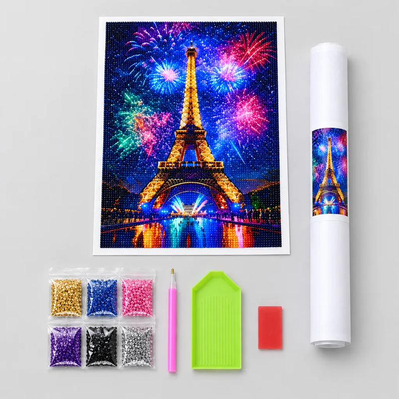 Diamond-Painting-Leinwand, Rolle, Diamanttütchen, Stift, Schale und Wachspad