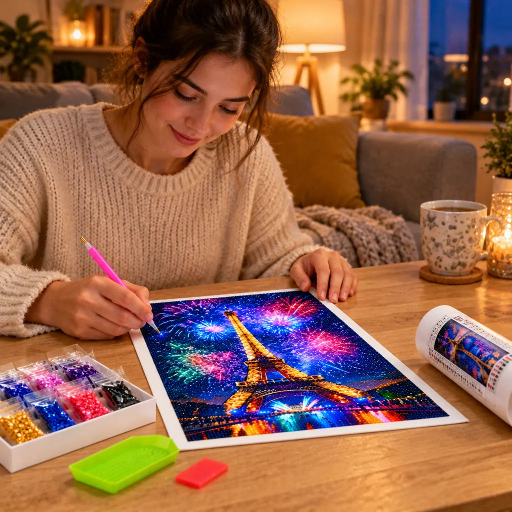 Frau setzt abends zuhause Diamanten auf eine Diamond-Painting-Leinwand