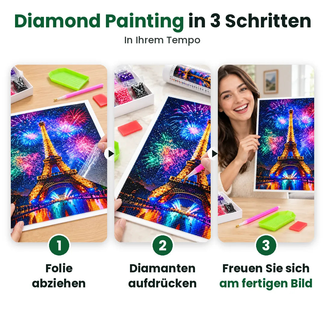 Diamond Painting in drei Schritten: Folie abziehen, Diamanten aufdrücken, Bild geniessen