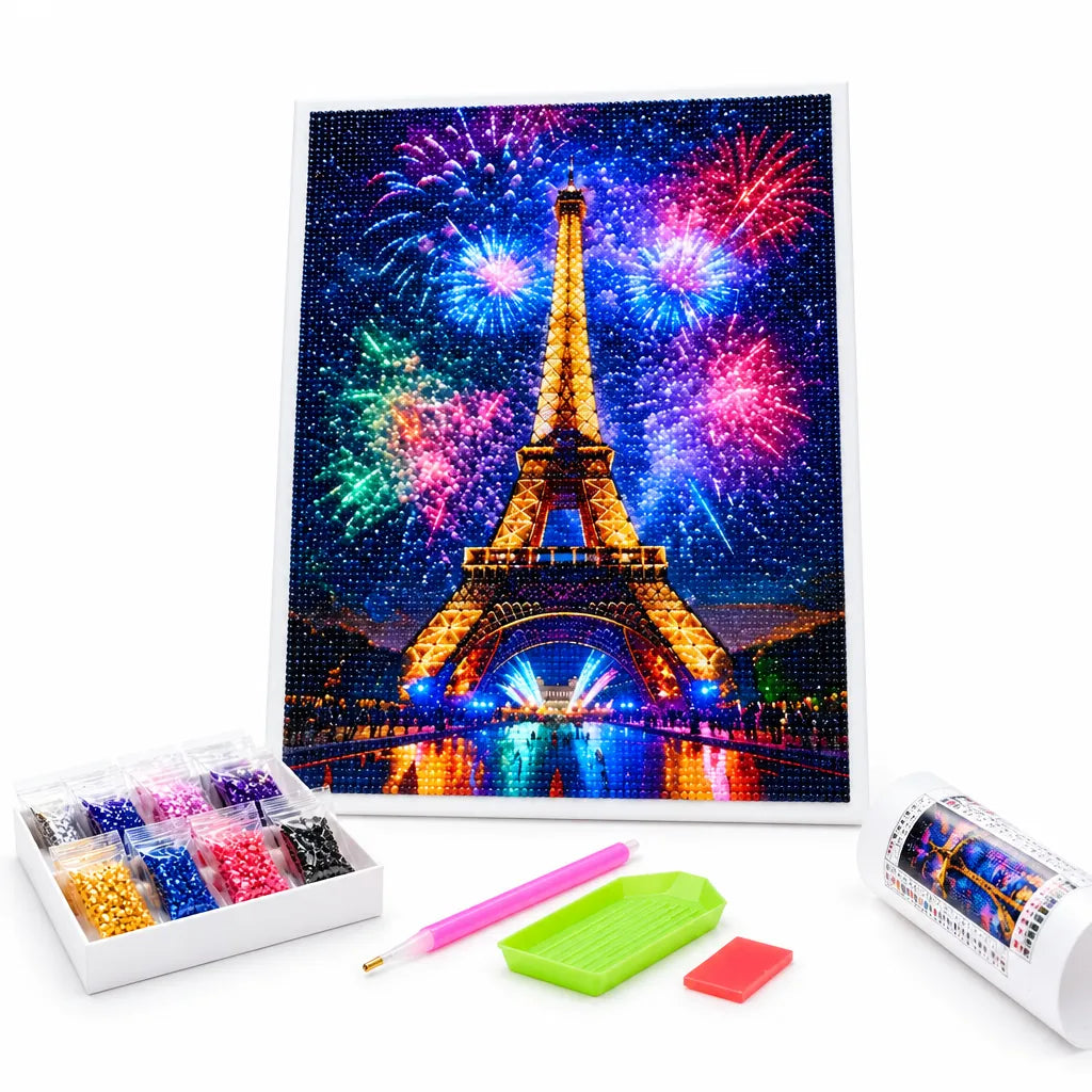 Diamond painting kit with Eiffel Tower fireworks canvas, pen, tray, glue pad and diamonds
