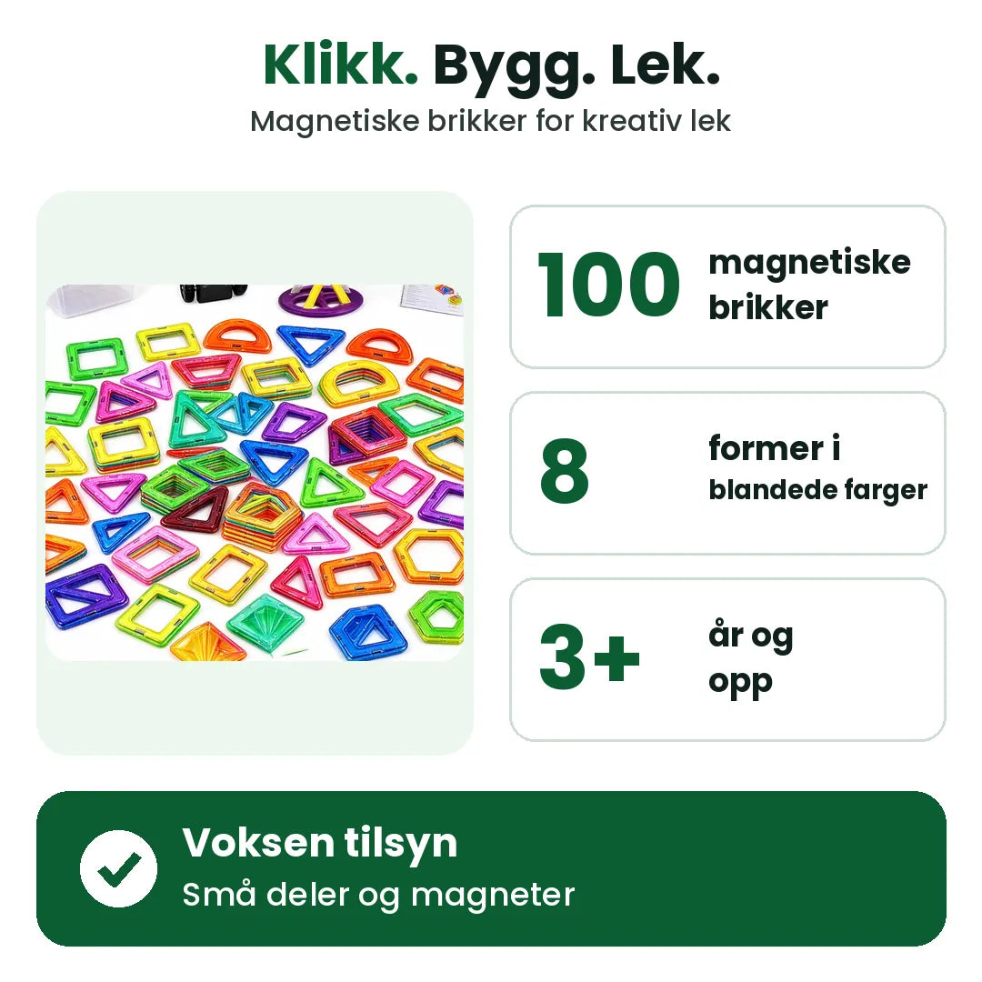 Magnetisk byggesett med 100 brikker, 8 former og fra 3 år