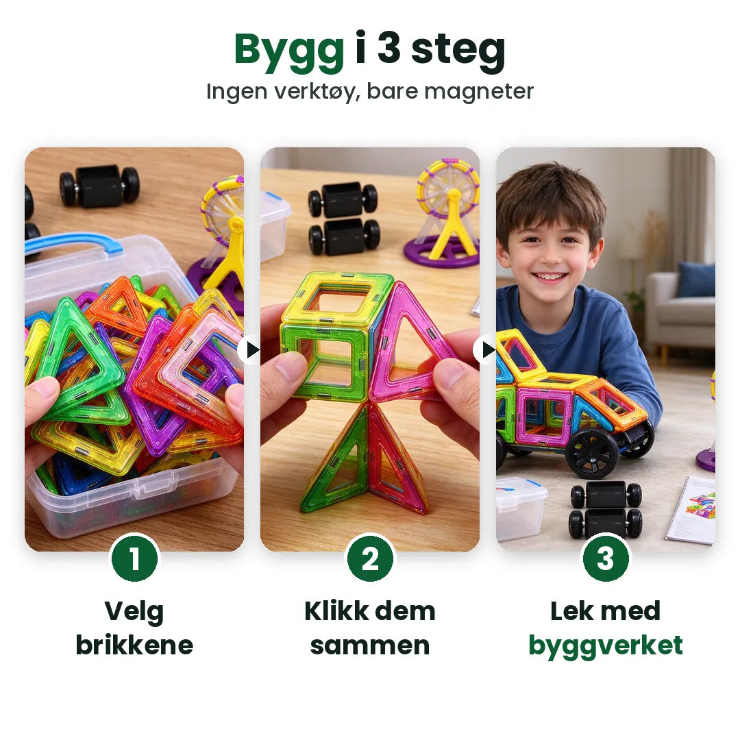 Tre steg: velg brikker, klikk dem sammen og lek med byggverket