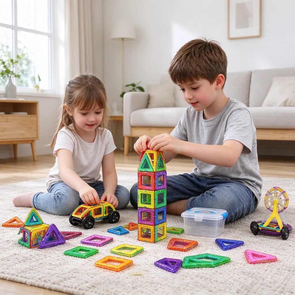 Two kids building a tower and a car from magnetic tiles on a living room rug