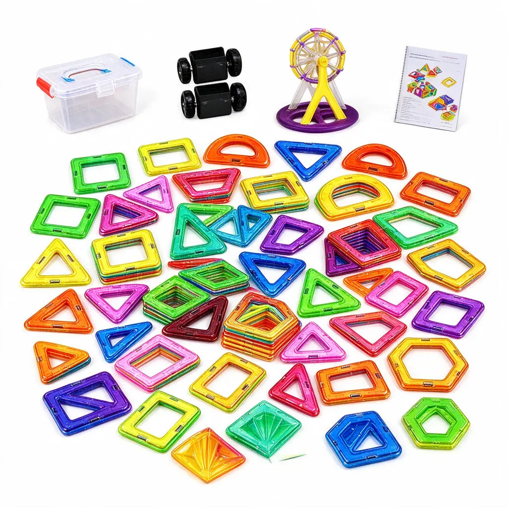 100 magnetic building tiles with storage box, wheels and Ferris wheel stand