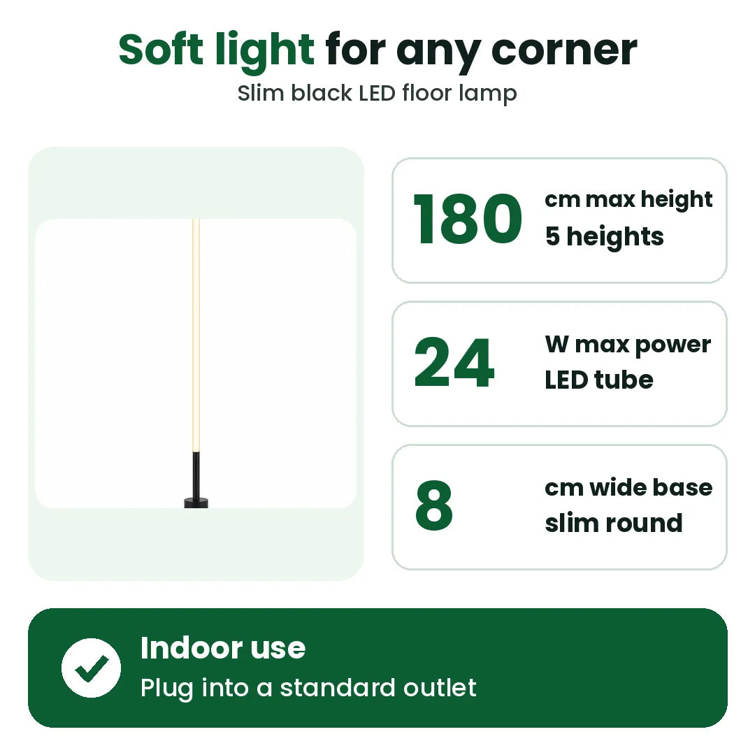 Slim black LED floor lamp with height, power and base size details