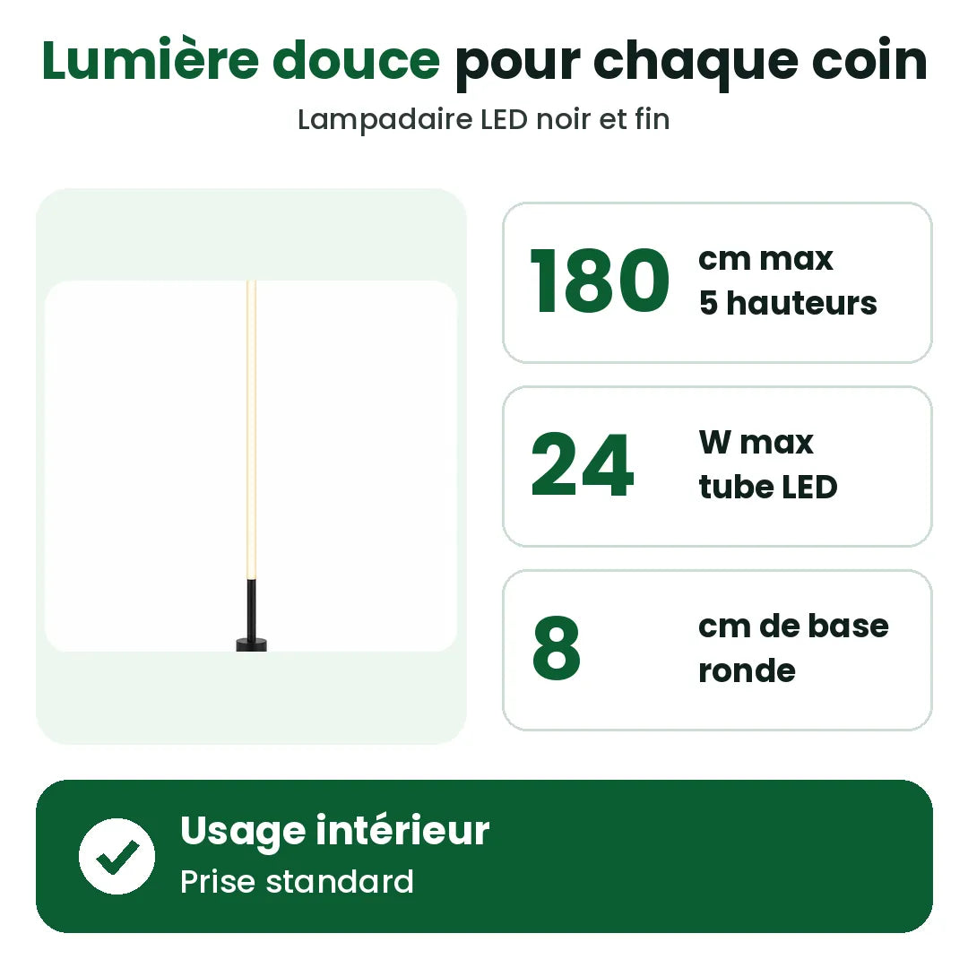 Lampadaire LED noir et mince avec hauteur, puissance et taille de la base