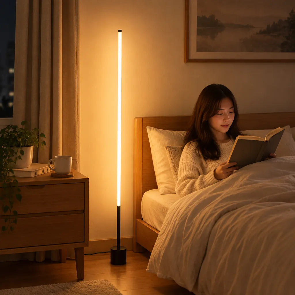 Woman reading in bed beside a slim black LED floor lamp in a bedroom