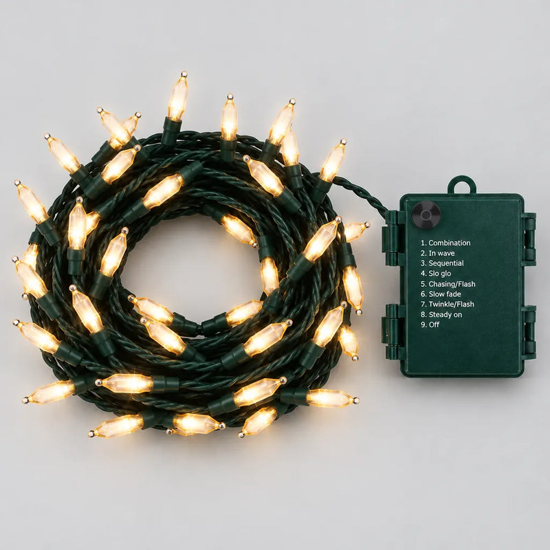 Warm white battery light string coiled beside its dark green battery box
