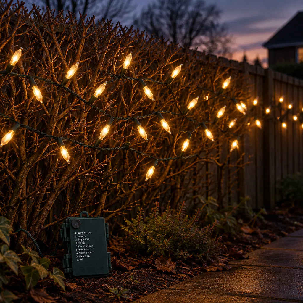 Warm white battery lights on a hedge and fence at dusk with the battery box at the base