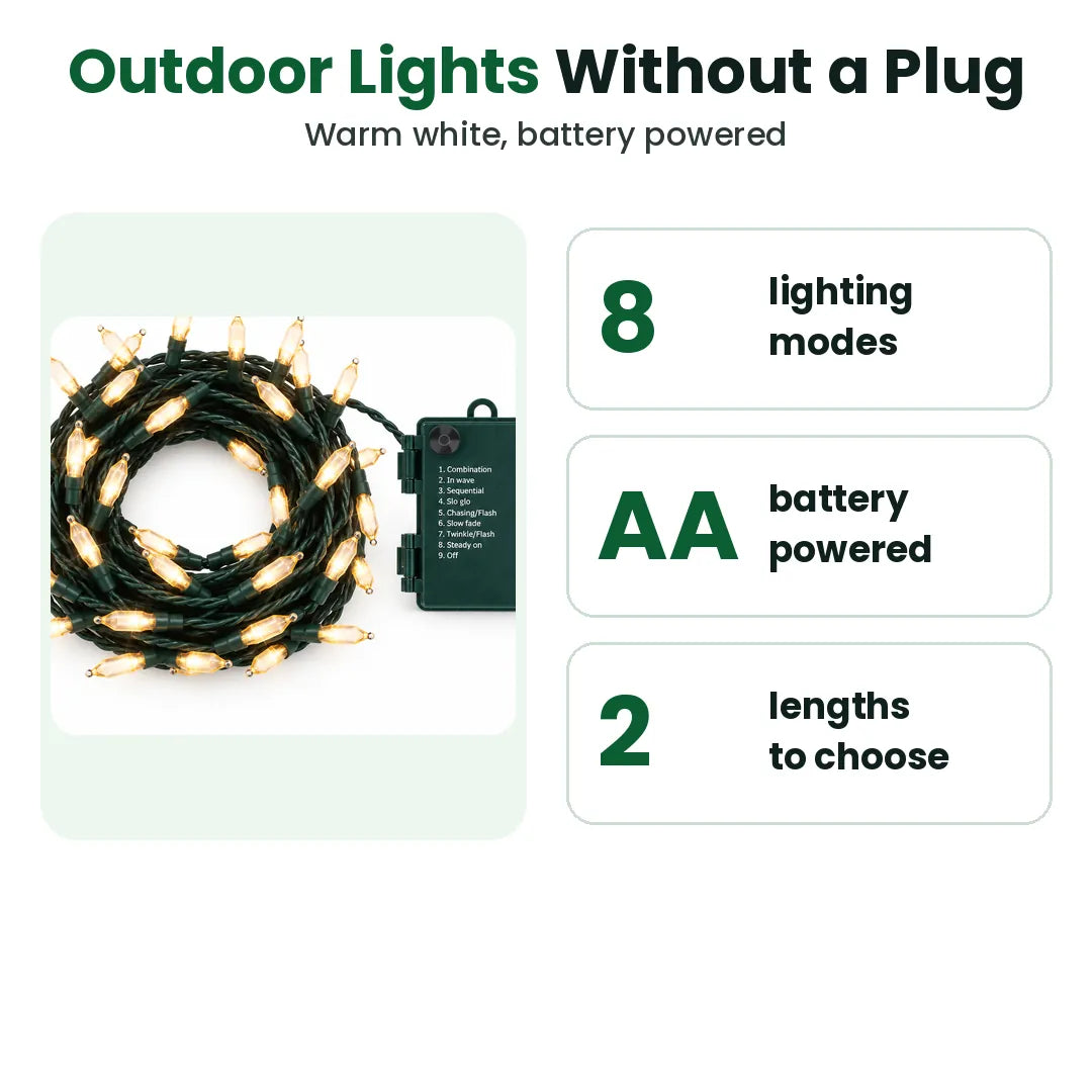 Outdoor Christmas lights without a plug: 8 lighting modes, AA battery powered, two lengths