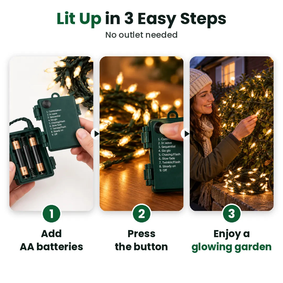 Three steps to light up outdoor Christmas lights: add AA batteries, press the button, enjoy