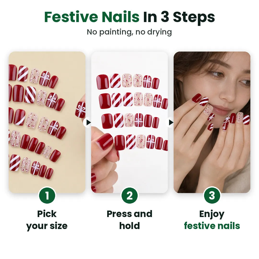 Three steps to put on red christmas press on nails: pick your size, press and hold, enjoy