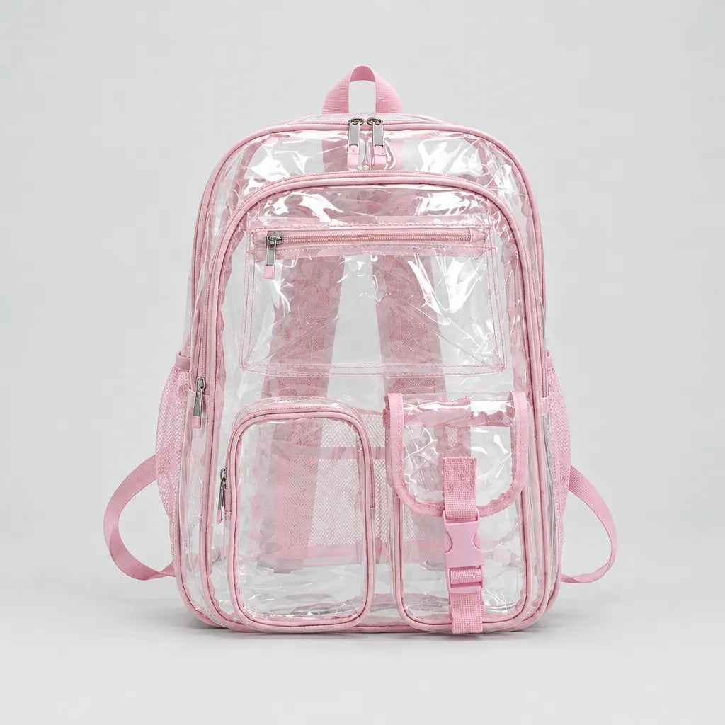 One clear transparent backpack with pink trim on a neutral surface