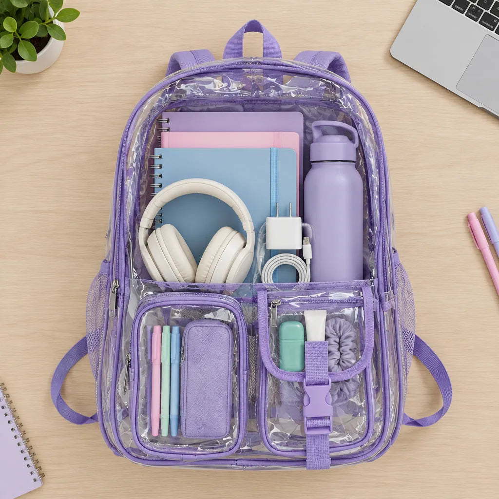 Clear backpack seen from above with notebooks, headphones and a bottle visible inside