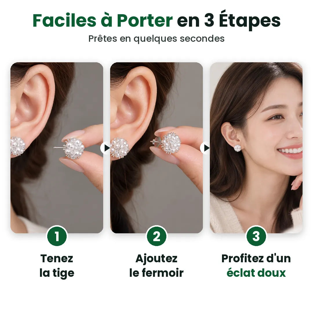 Trois étapes pour porter des boucles d'oreilles perles : tenir, fermer, profiter