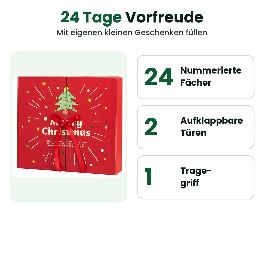 Adventskalender zum Befüllen: 24 nummerierte Fächer, zwei Türen und ein Tragegriff