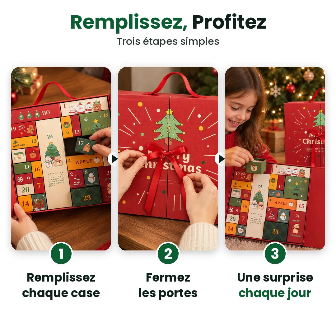 Trois étapes : remplir chaque case, fermer les portes, une surprise chaque jour